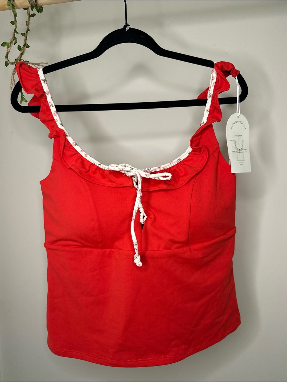 Women’s XL | Blogilates Red Ruffle Lace Up Tank Top Floral Trim Activewear